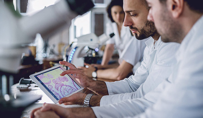 Doctors analyzing reports on tablet