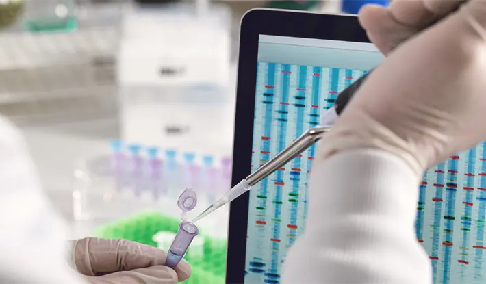 Scientist pipetting DNA sample results computer screen